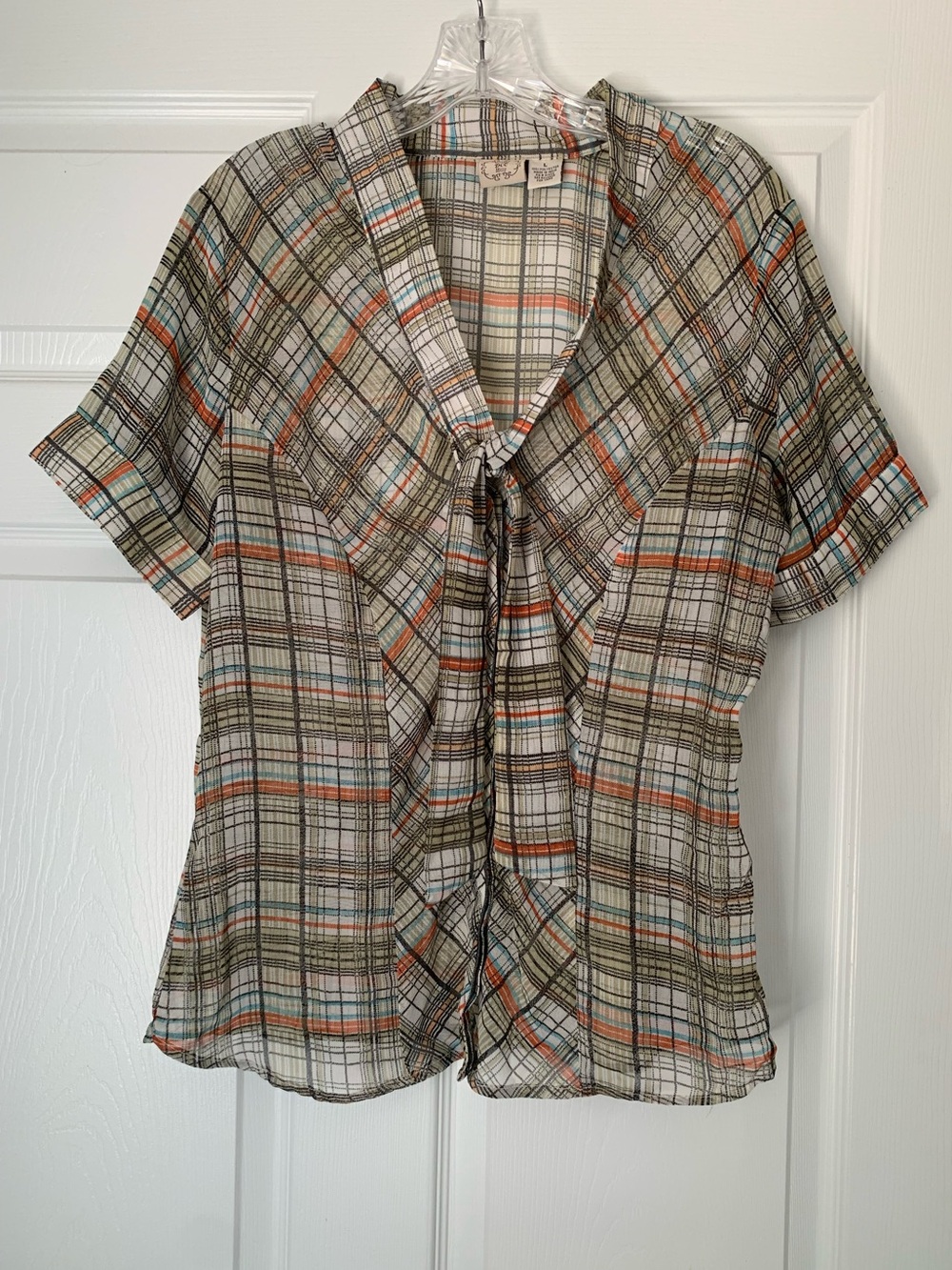 Vintage DCC Missy Plaid Tie Neck Short Sleeve Blouse Orange Blue Green Large NWT